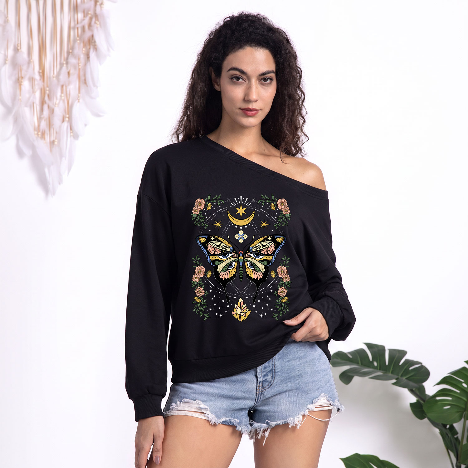 Purplehecate I Am Opening One Shoulder Sweatshirt