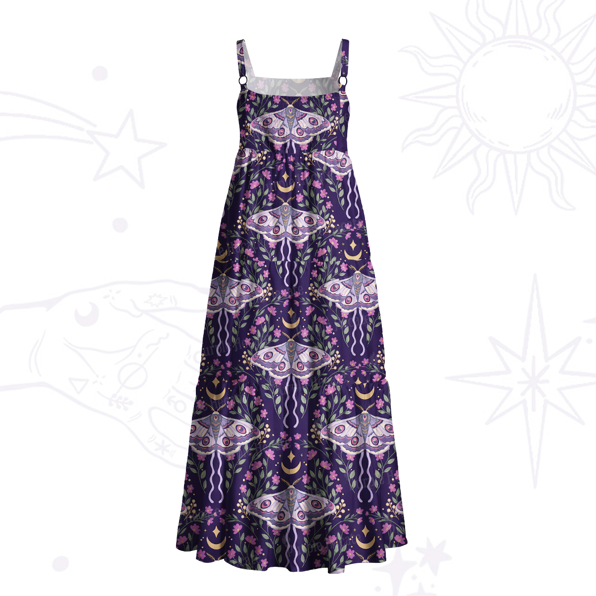 Purplehecate Enchanted Night Moth Stars Wide Straps Maxi Dress