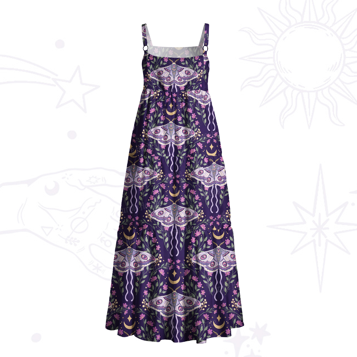 Purplehecate Enchanted Night Moth Stars Wide Straps Maxi Dress