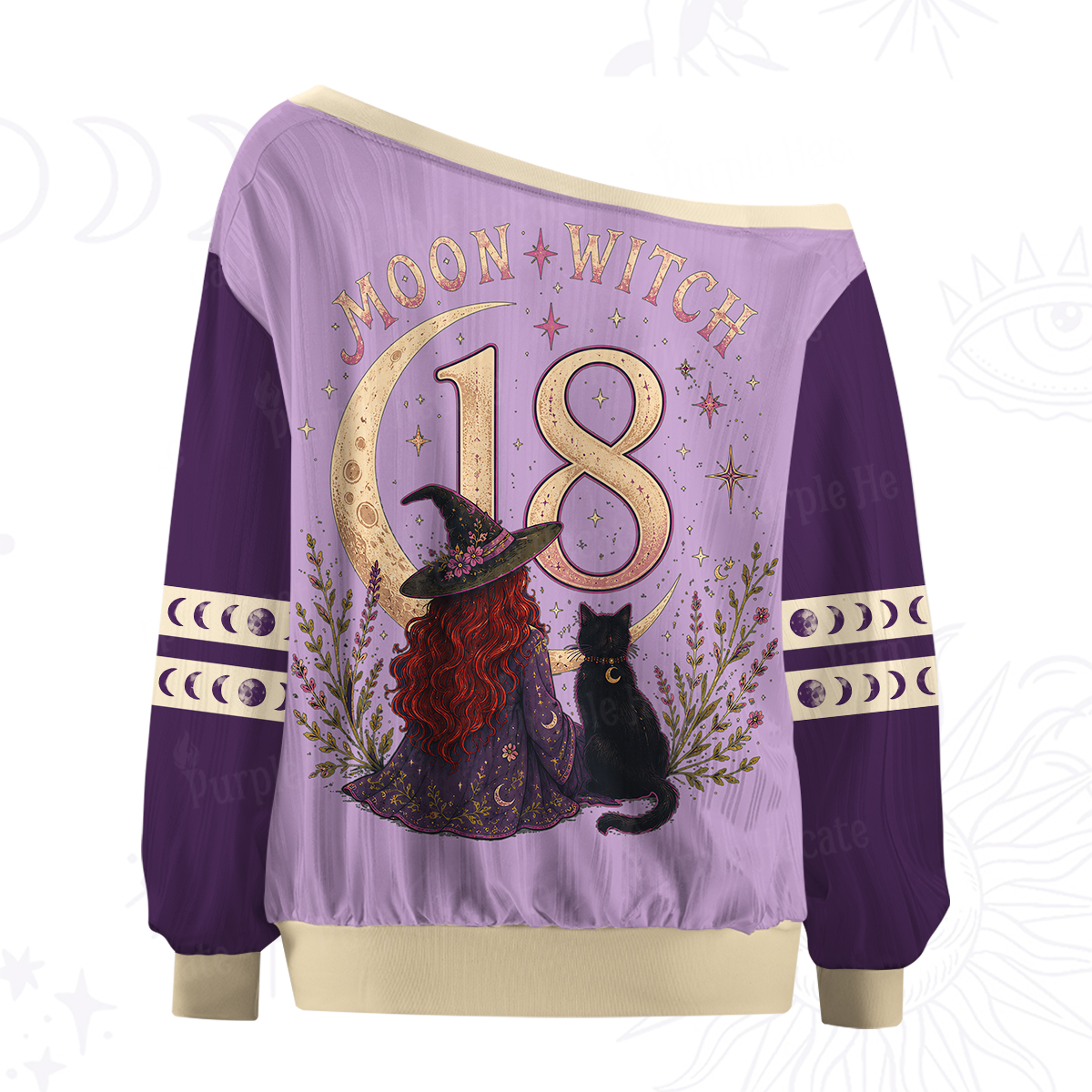 Purplehecate Moon Witch And Black Cat Off The Shoulder Graphic Jersey