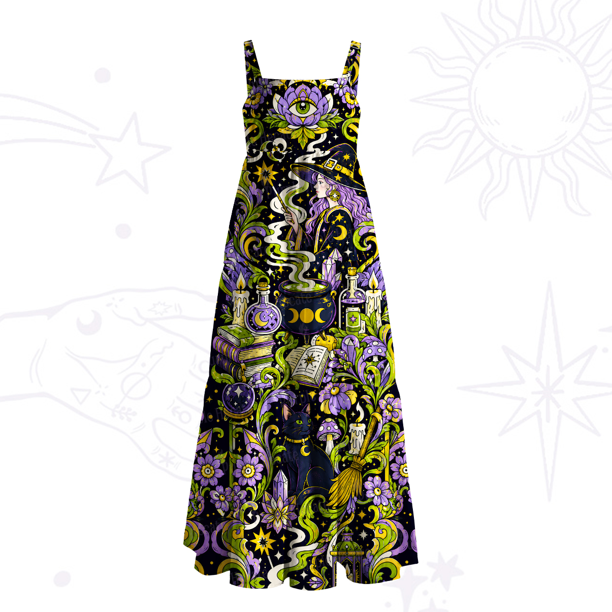 Purplehecate Black Cat Brewing Potion Wide Straps Maxi Dress