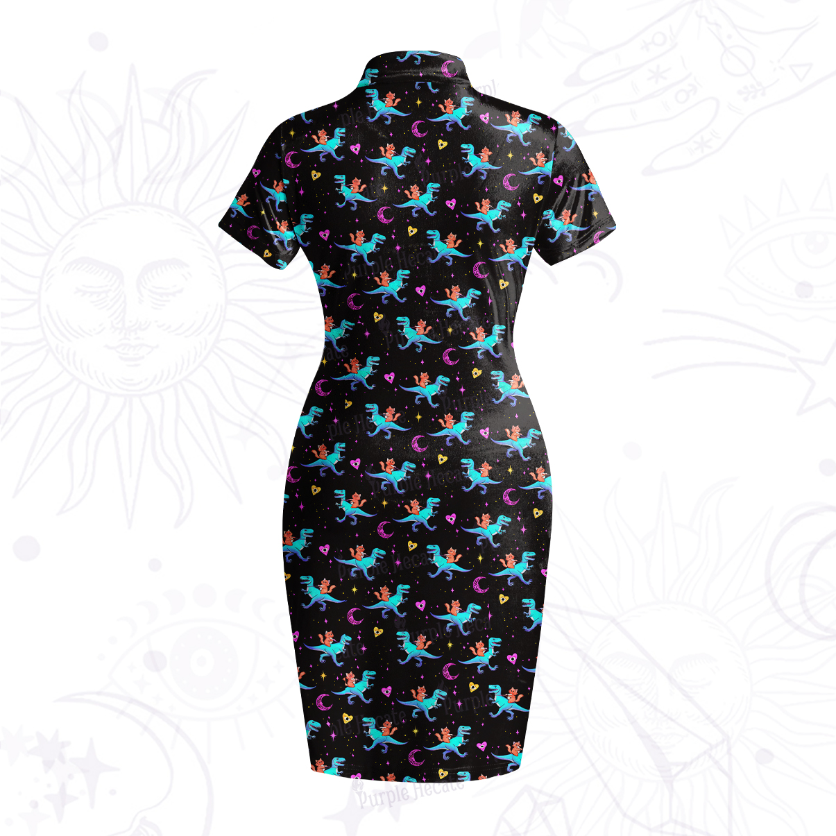 Purplehecate Witch Cat Rides the Dino Velvet Bodycon Dress