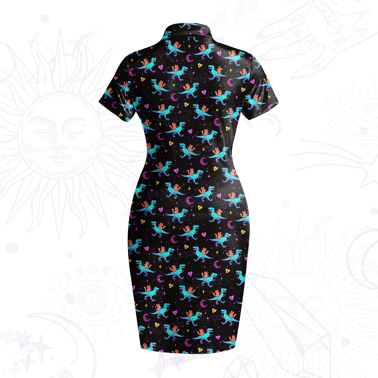 Purplehecate Witch Cat Rides the Dino Velvet Bodycon Dress