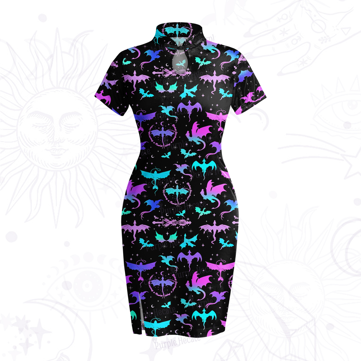 Purplehecate Neon Fantasy Dragon Allover Velvet Bodycon Dress