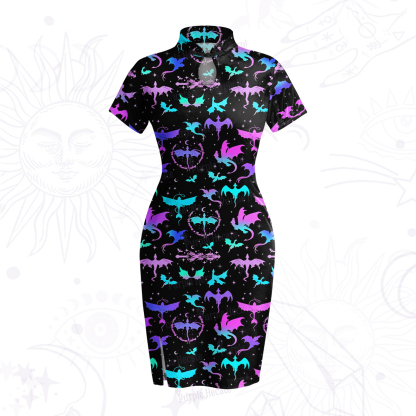 Purplehecate Neon Fantasy Dragon Allover Velvet Bodycon Dress