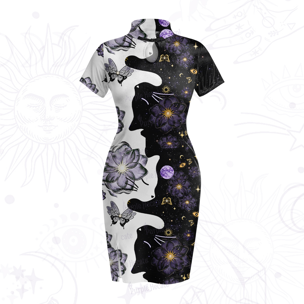 Purplehecate Starlit Cats & Butterflies Velvet Bodycon Dress
