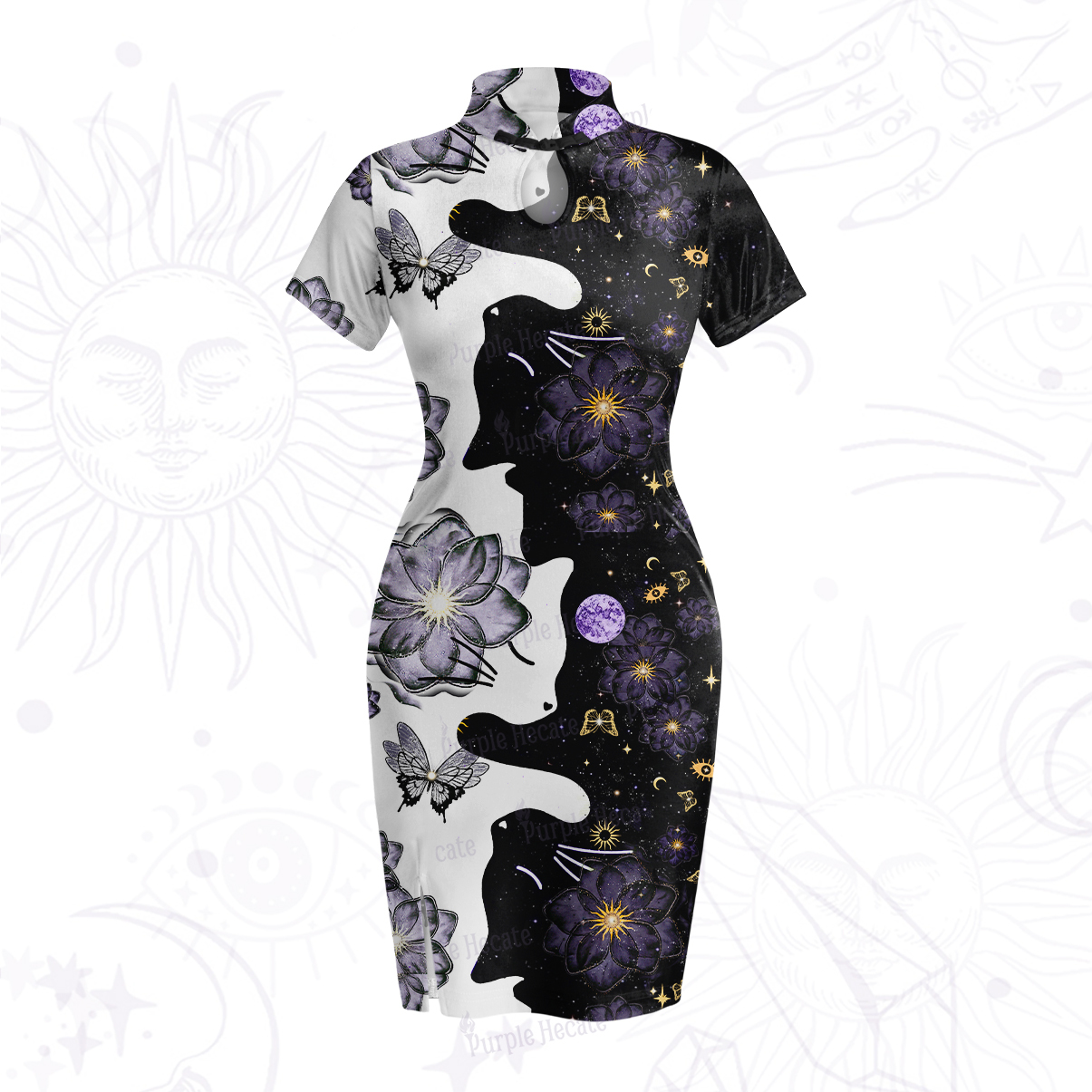 Purplehecate Starlit Cats & Butterflies Velvet Bodycon Dress