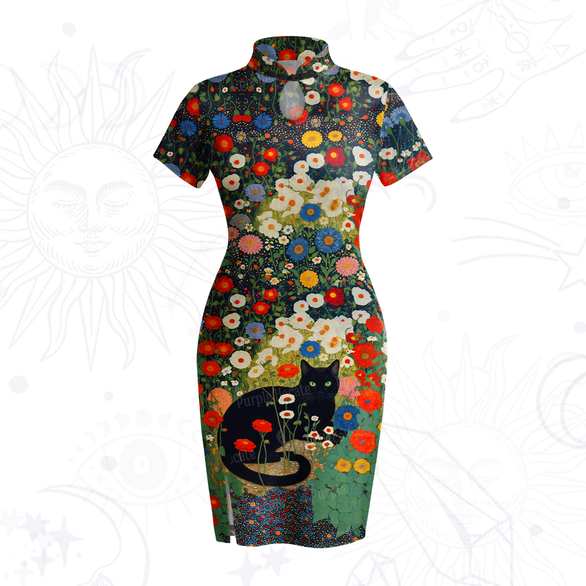 Purplehecate Vintage The Cat in Bloom Velvet Bodycon Dress