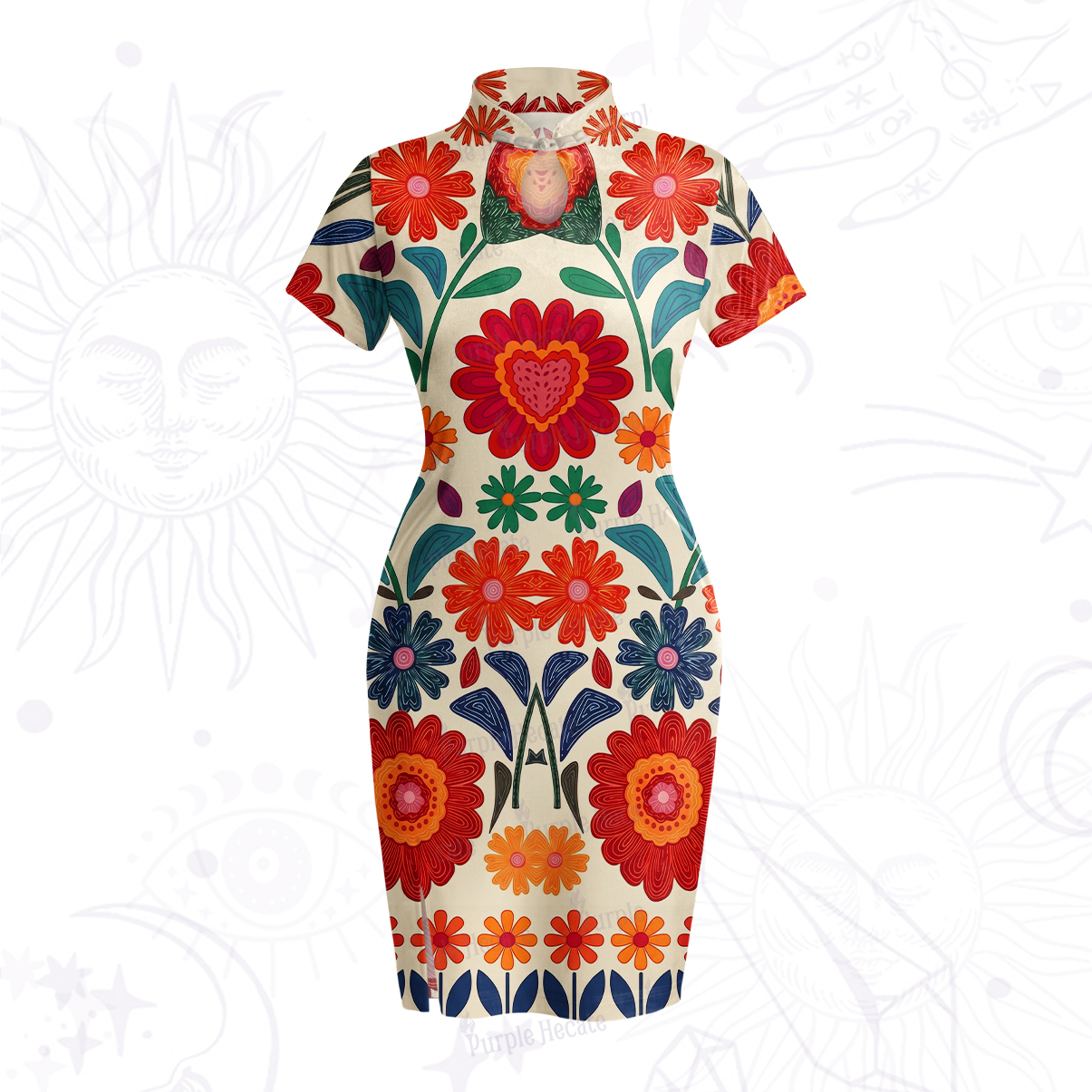 Purplehecate Retro Bloom Folk Floral Velvet Bodycon Dress