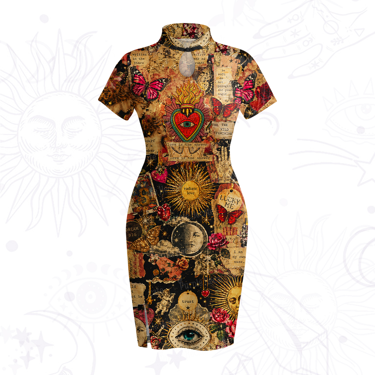 Purplehecate Vintage Celestial Witch Moon Collage Velvet Bodycon Dress