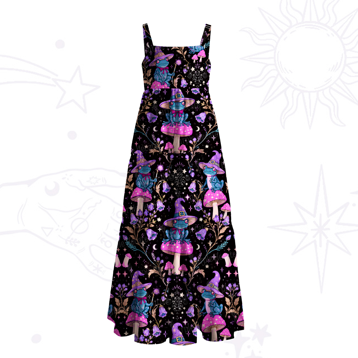 Purplehecate Psychedelic Frog & Magic Mushroom Wide Straps Maxi Dress
