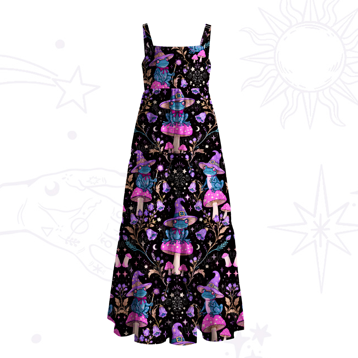 Purplehecate Psychedelic Frog & Magic Mushroom Wide Straps Maxi Dress