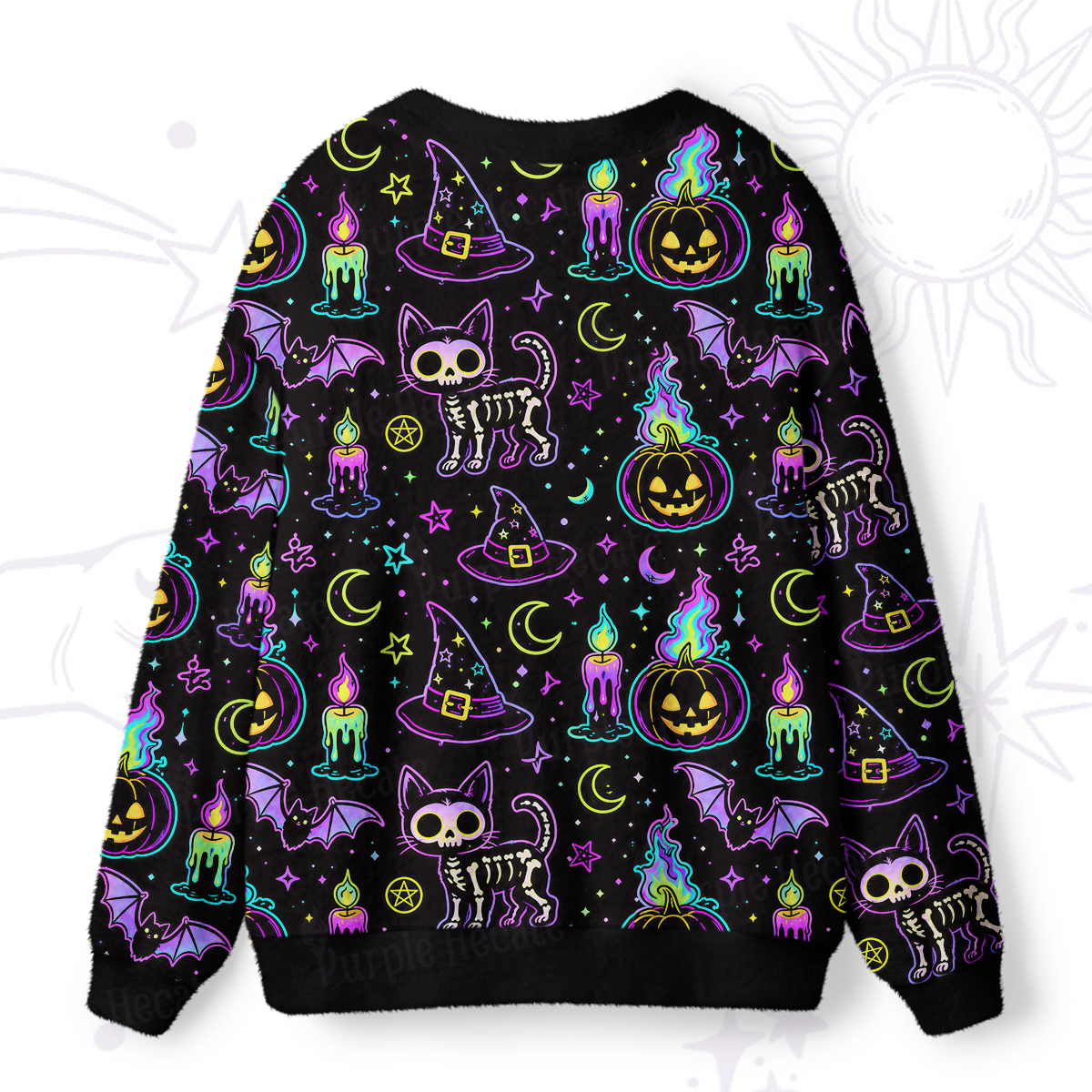Purplehecate Neon Halloween Skeleton Cat Ugly Cardigan Sweaters