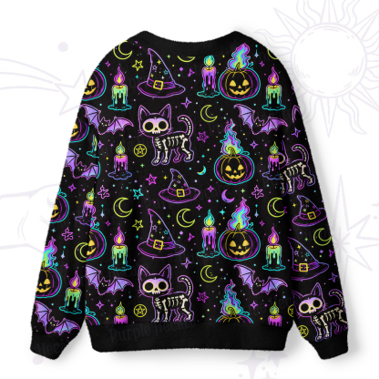 Purplehecate Neon Halloween Skeleton Cat Ugly Cardigan Sweaters