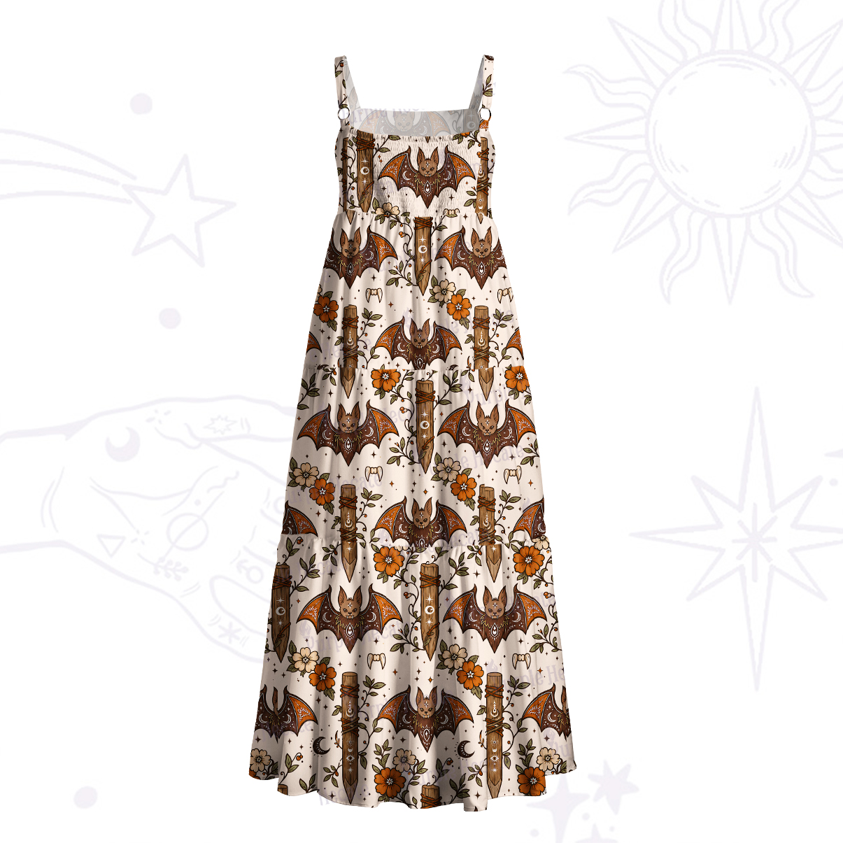 Purplehecate Rustic Bat and Wooden Stakes Wide Straps Maxi Dress