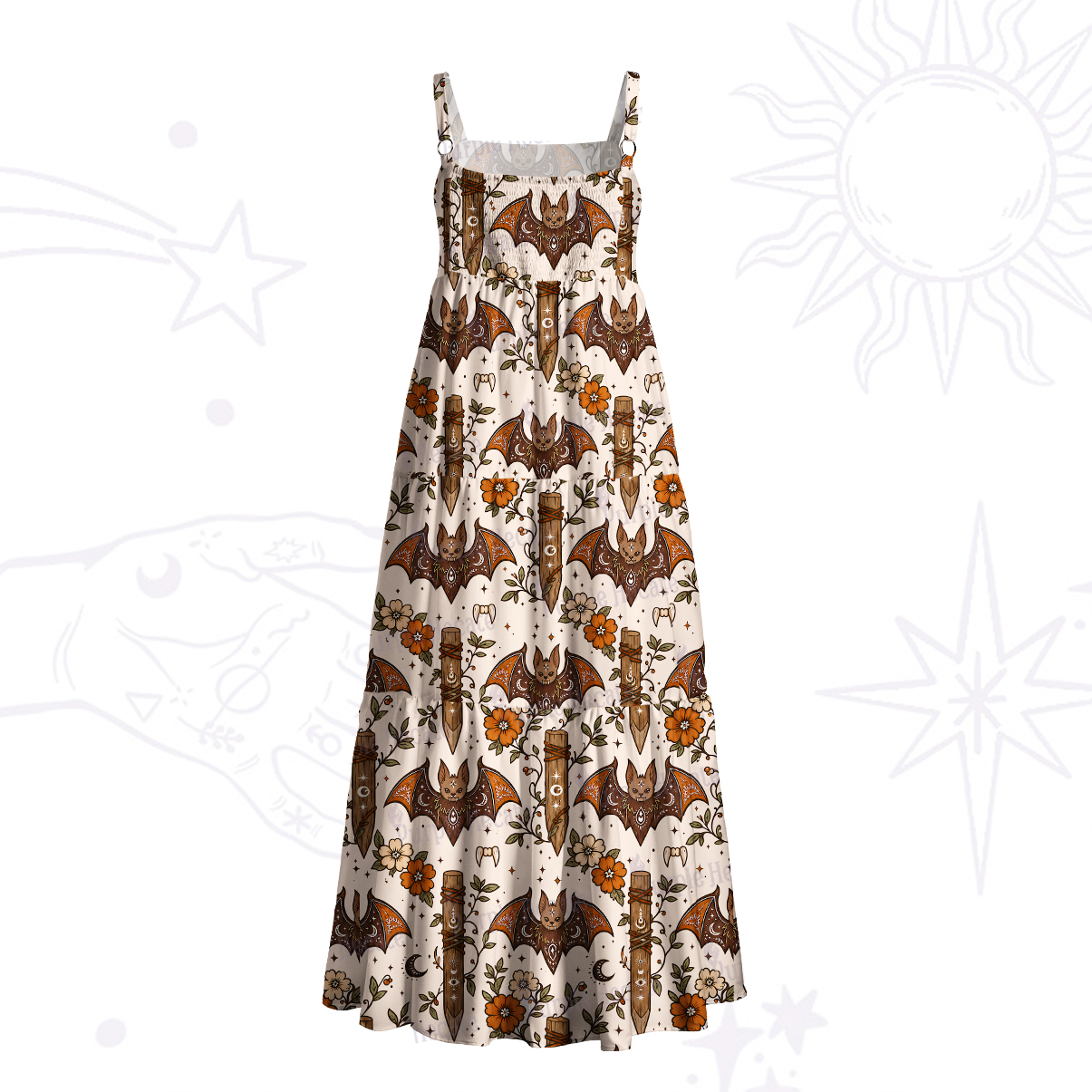 Purplehecate Rustic Bat and Wooden Stakes Wide Straps Maxi Dress