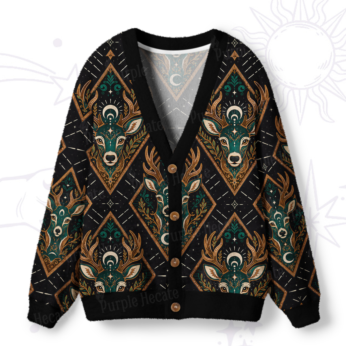 Purplehecate Mystic Forest Stag Ugly Cardigan Sweaters