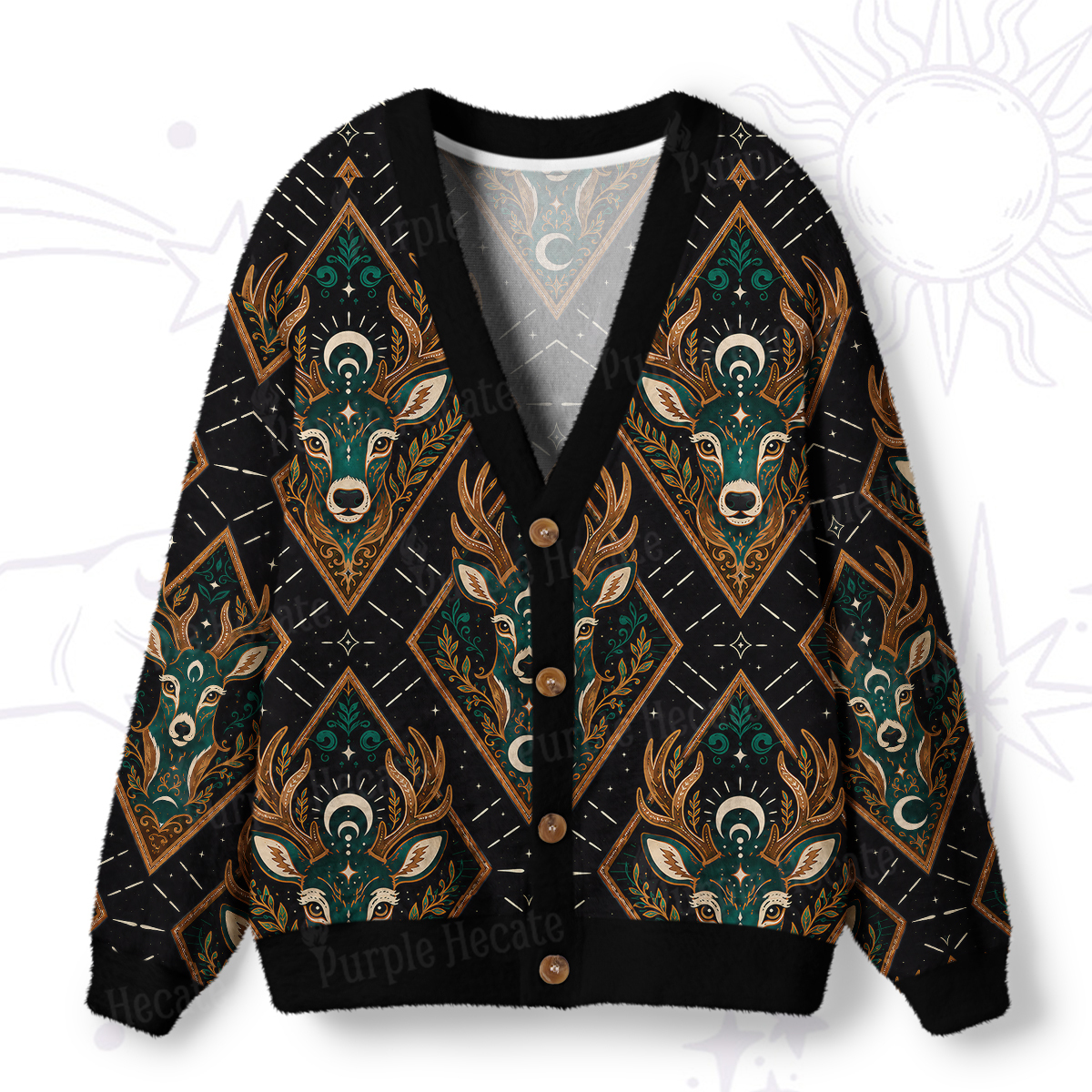 Purplehecate Mystic Forest Stag Ugly Cardigan Sweaters