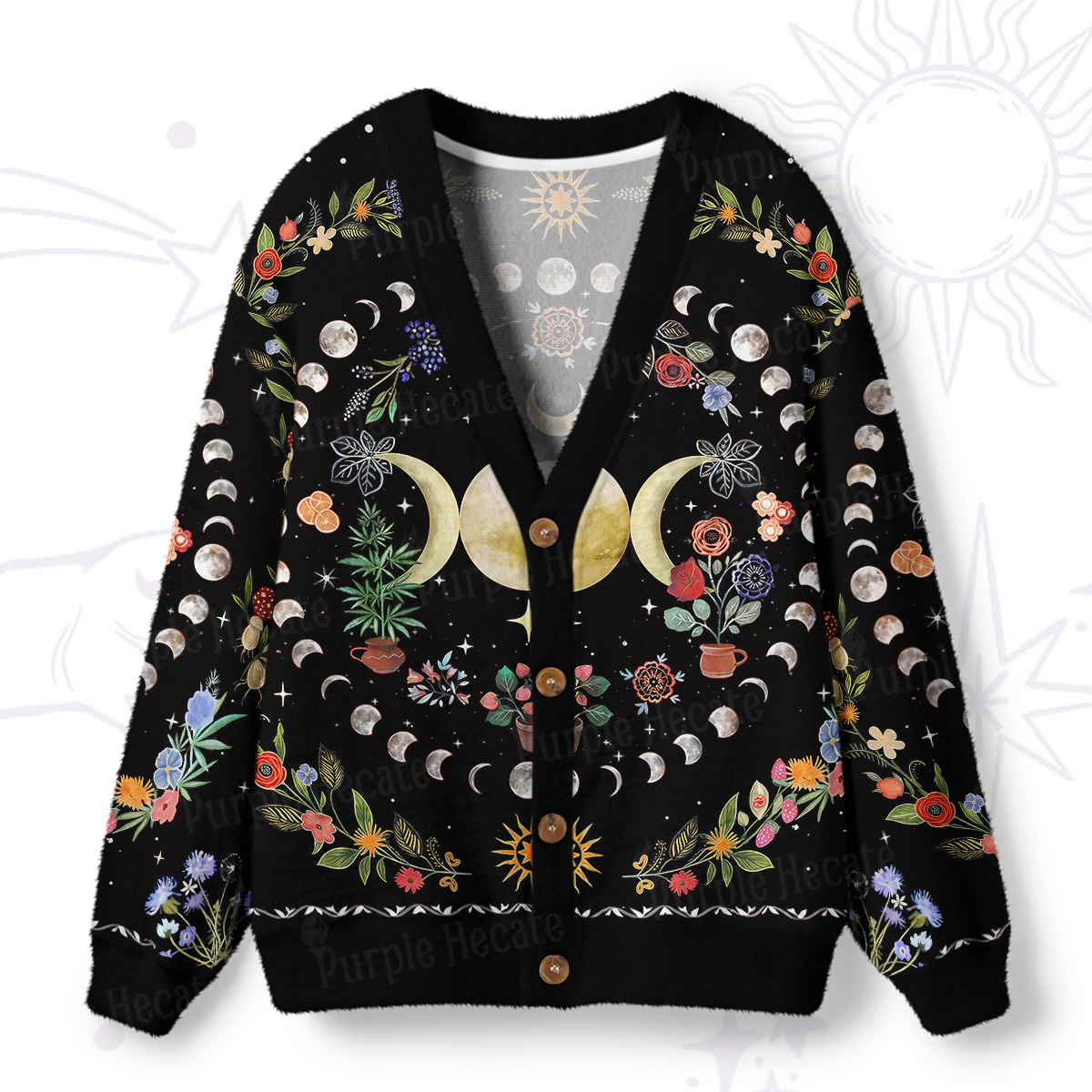 Purplehecate Moon Phases Herbal Garden Ugly Cardigan Sweaters