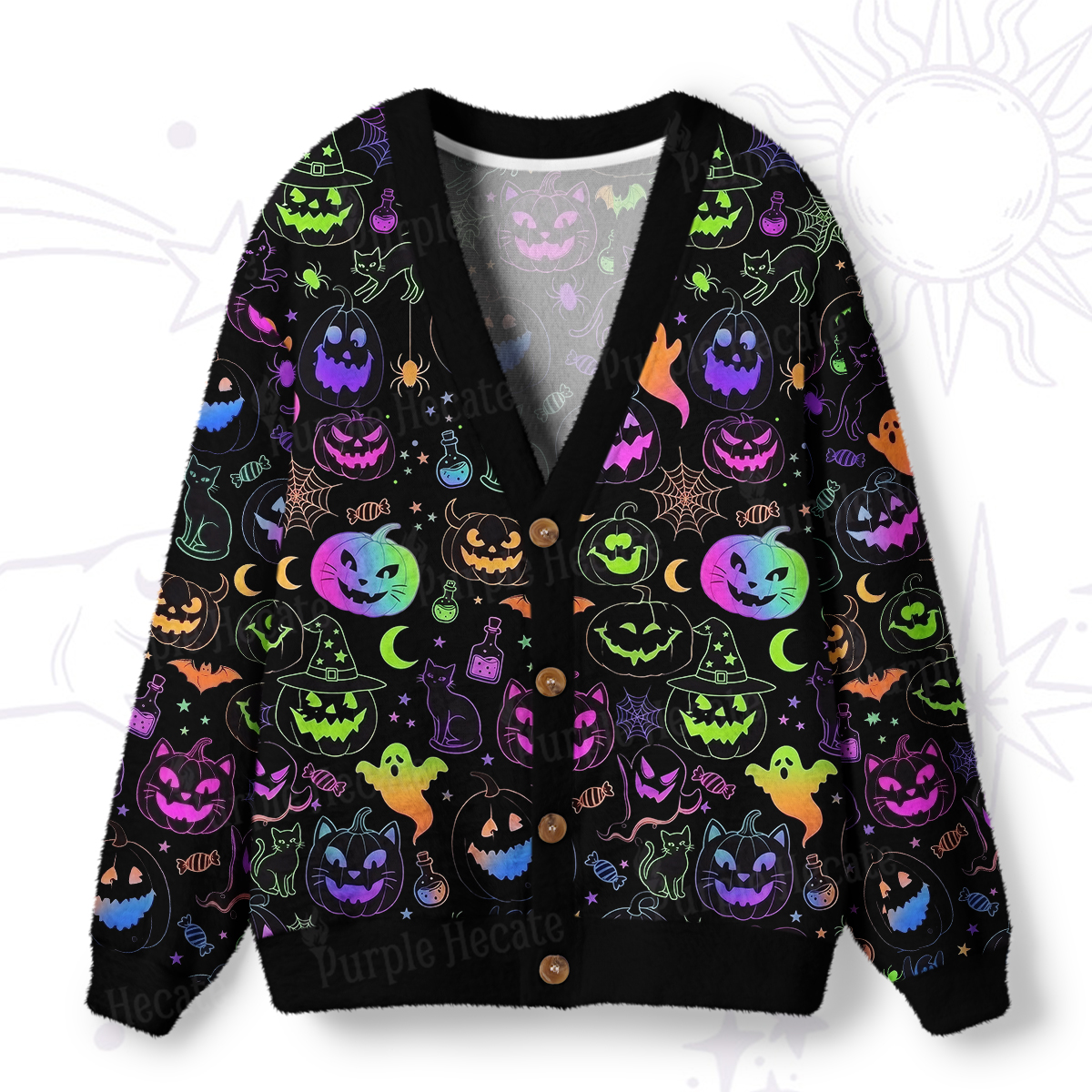 Purplehecate Neon Halloween Spooky Pumpkin Doodle Ugly Cardigan Sweaters