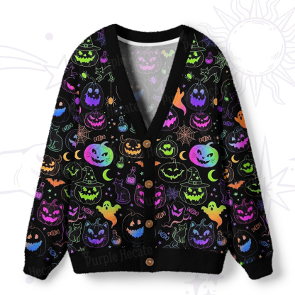 Purplehecate Neon Halloween Spooky Pumpkin Doodle Ugly Cardigan Sweaters
