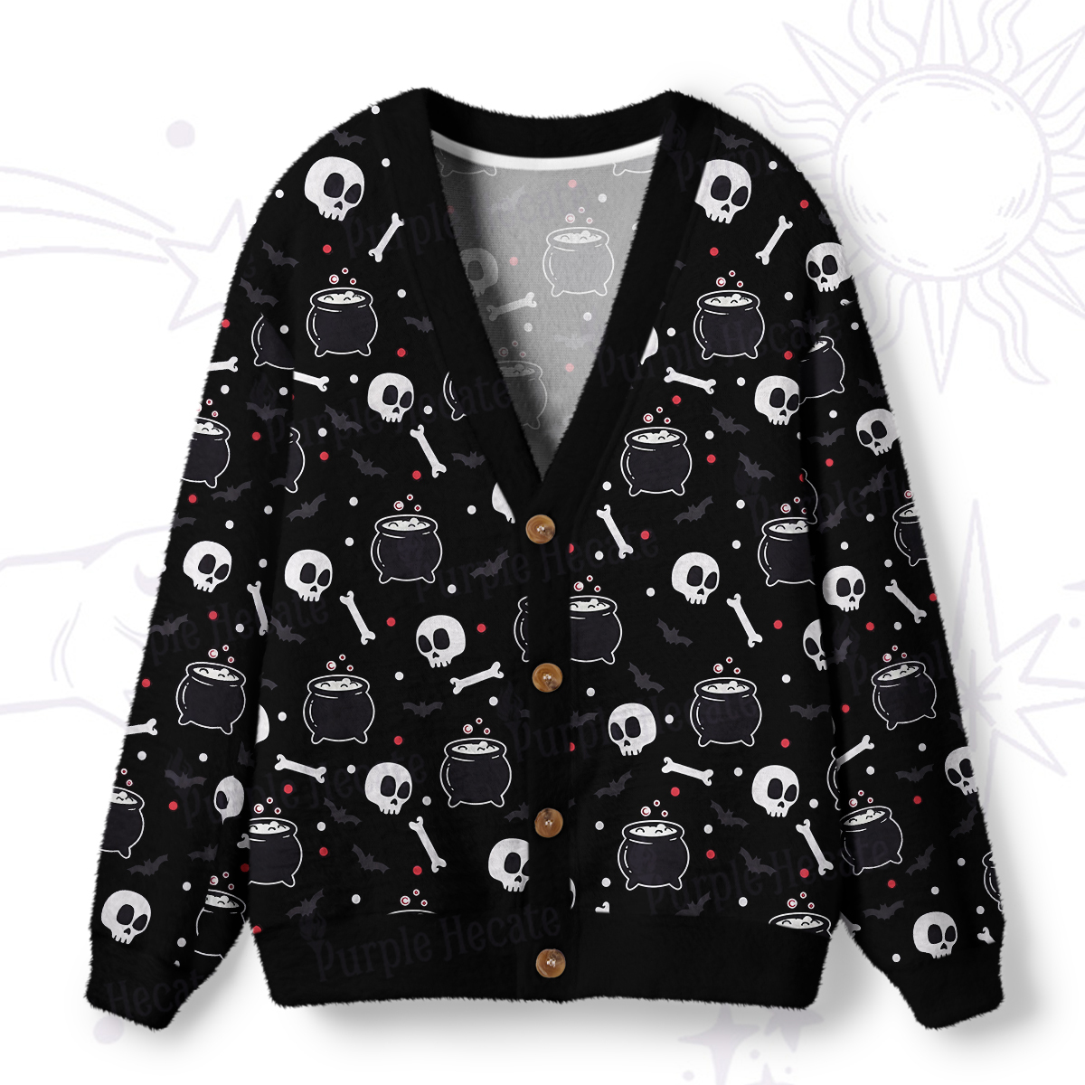 Purplehecate Spooky Skulls and Cauldrons Knit Ugly Cardigan Sweaters