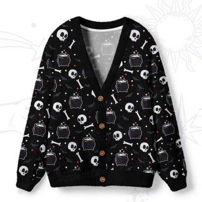 Purplehecate Spooky Skulls and Cauldrons Knit Ugly Cardigan Sweaters