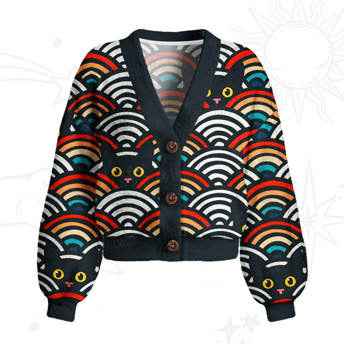 Purplehecate Rainbow Black Cat Waves Cardigan Sweaters