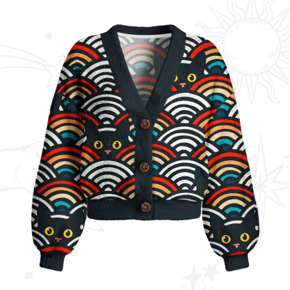 Purplehecate Rainbow Black Cat Waves Cardigan Sweaters