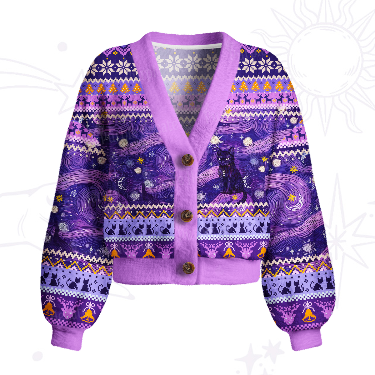 Purplehecate Mystic Cat Beneath the Cosmic Veil Cardigan Sweaters