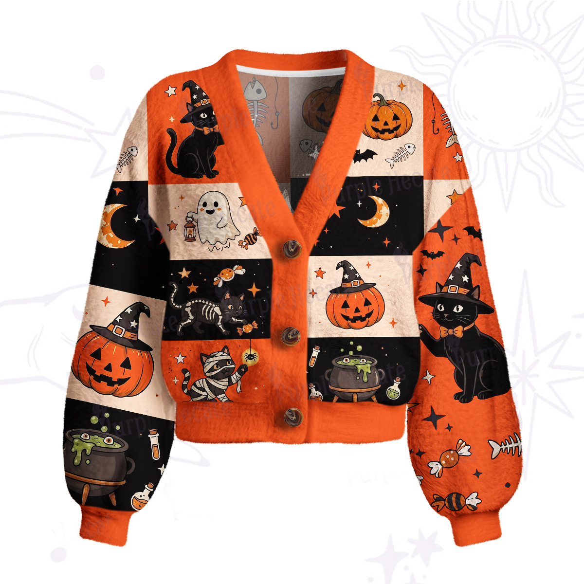 Purplehecate Ghost & Pumpkin Wonderland Patchwork Cardigan Sweaters