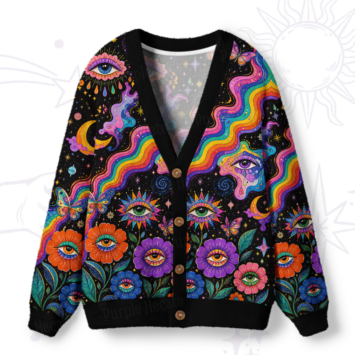 Purplehecate Groovy Hippie Flower Eyes Ugly Cardigan Sweaters