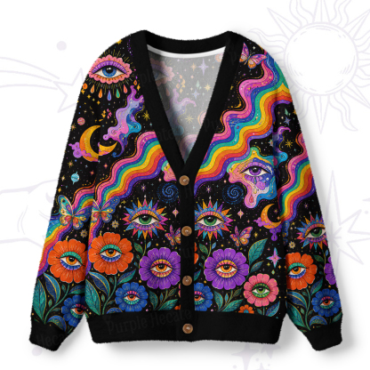 Purplehecate Groovy Hippie Flower Eyes Ugly Cardigan Sweaters