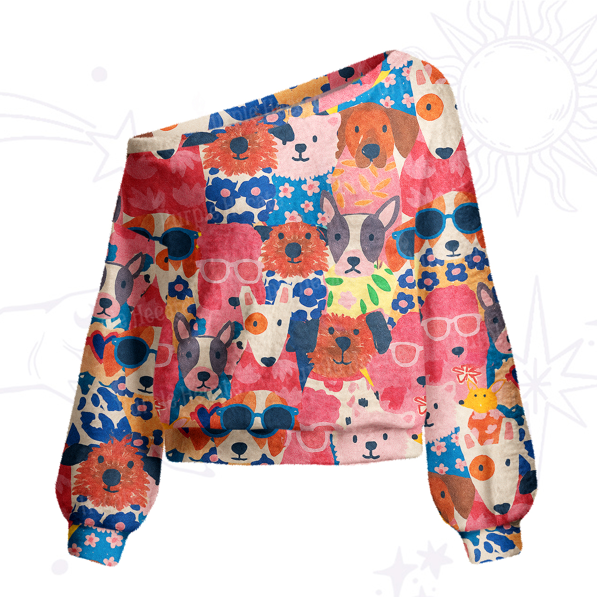 Purplehecate Happy Dog Faces One Shoulder Sweaters