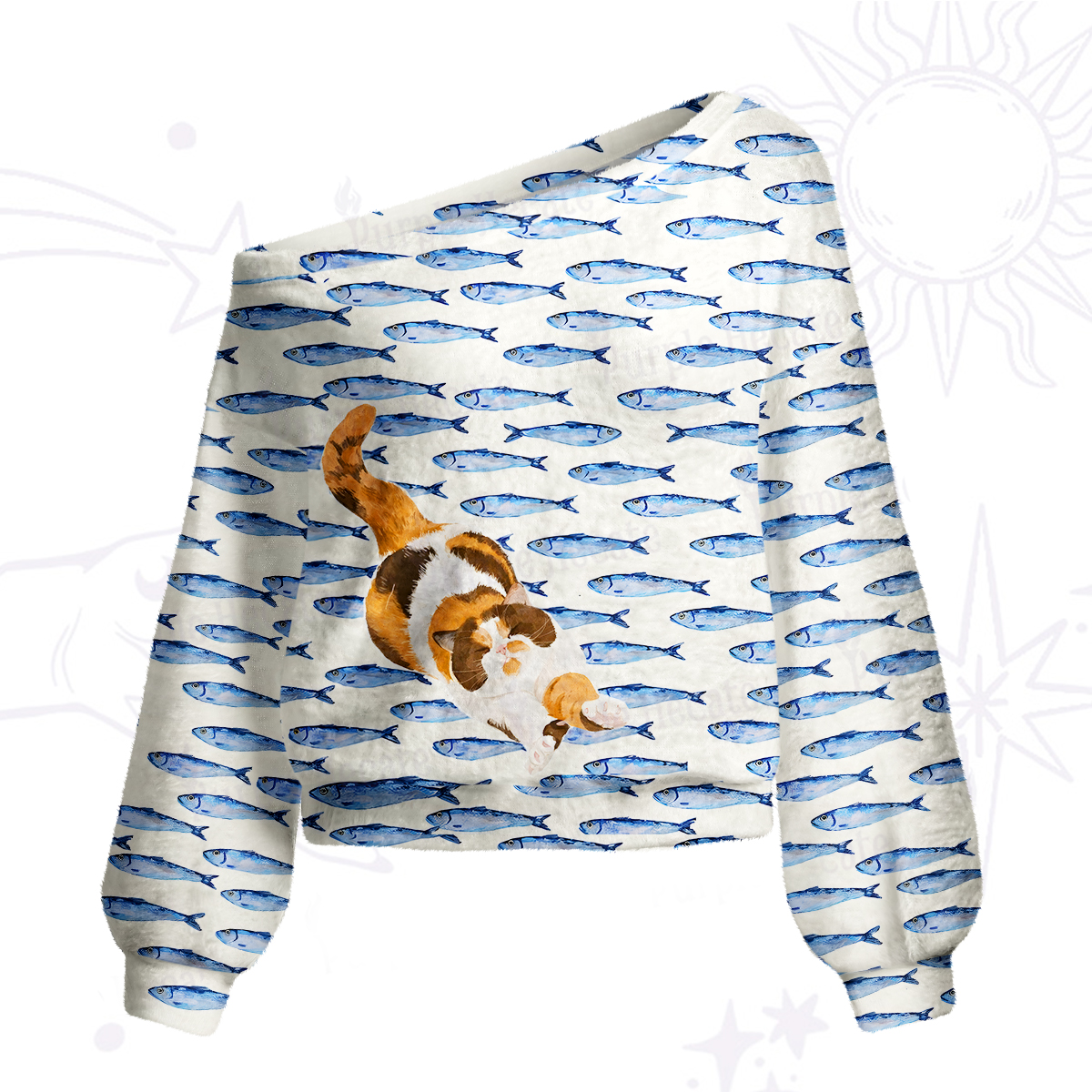 Purplehecate Cat Chasing Fish One Shoulder Sweaters