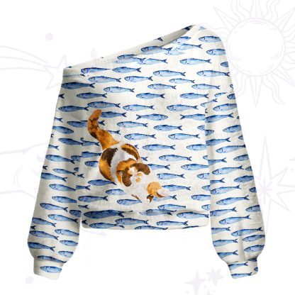 Purplehecate Cat Chasing Fish One Shoulder Sweaters