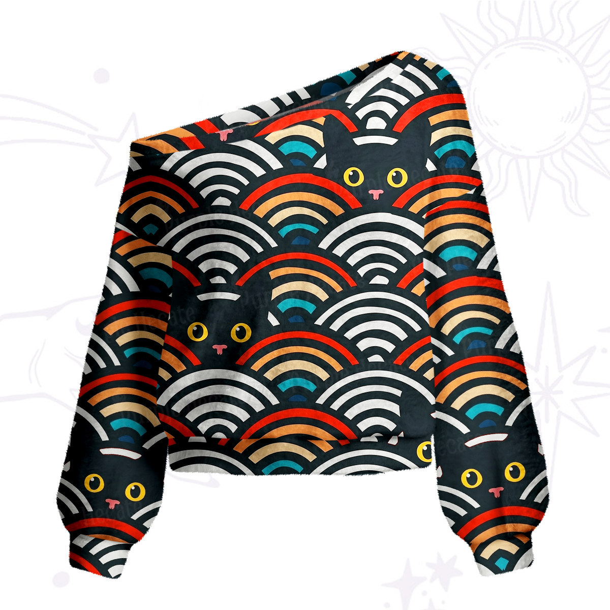 Purplehecate Rainbow Black Cat One Shoulder Sweaters