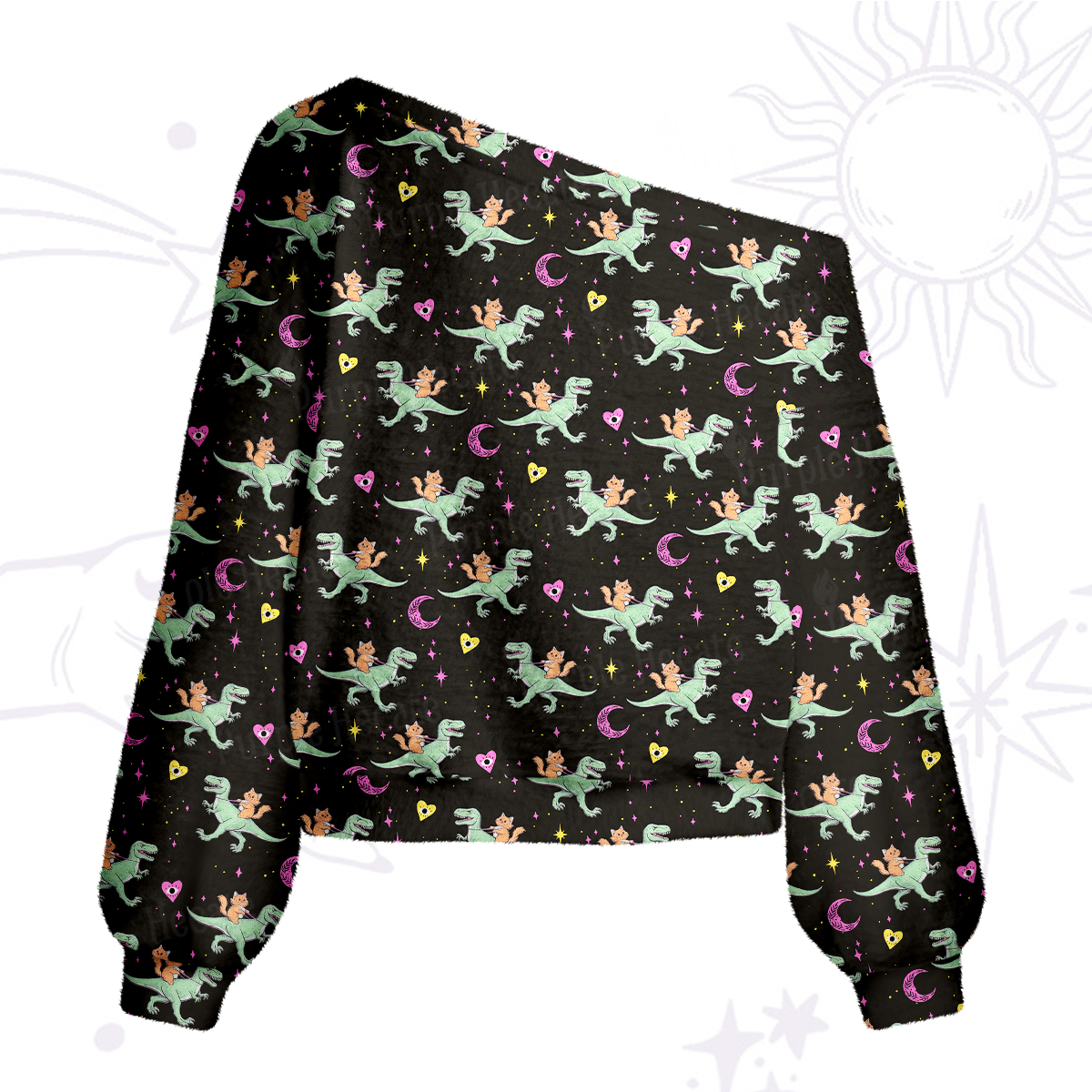 Purplehecate Witch Cat Rides the Dino One Shoulder Sweaters