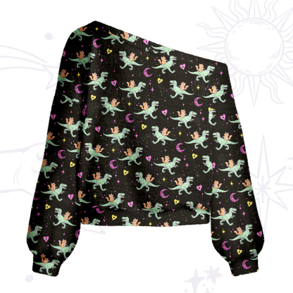 Purplehecate Witch Cat Rides the Dino One Shoulder Sweaters