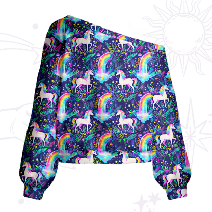 Purplehecate Rainbow Forest Unicorn Magic One Shoulder Sweaters