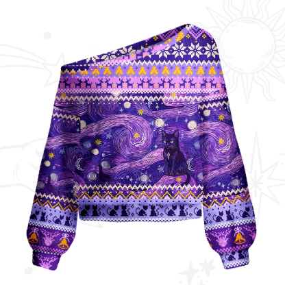 Purplehecate Mystic Cat Beneath the Cosmic Veil One Shoulder Sweaters