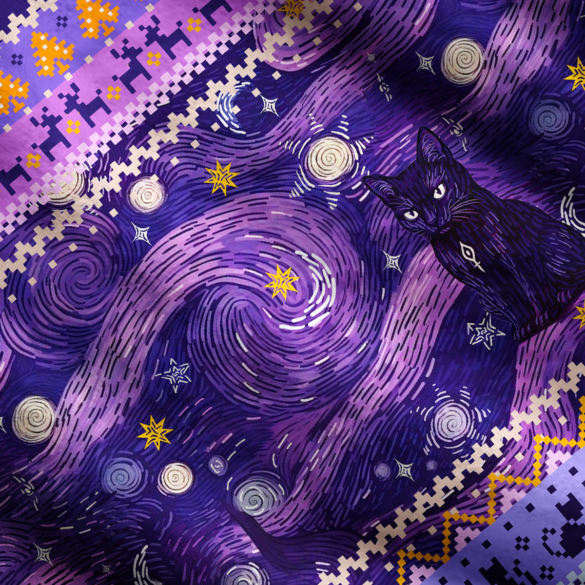 Purplehecate Mystic Cat Beneath the Cosmic Veil One Shoulder Sweaters
