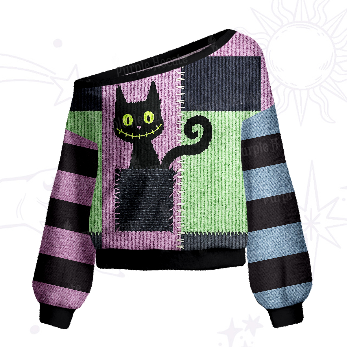 Purplehecate Monster Black Cat One Shoulder Sweaters