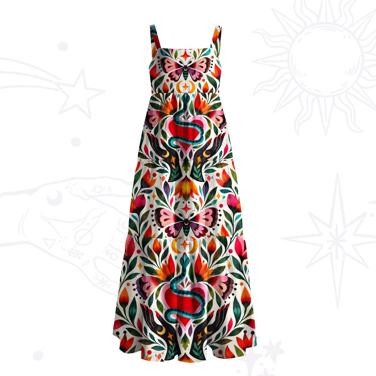 Purplehecate Serpent Heart Butterfly Garden Wide Straps Maxi Dress