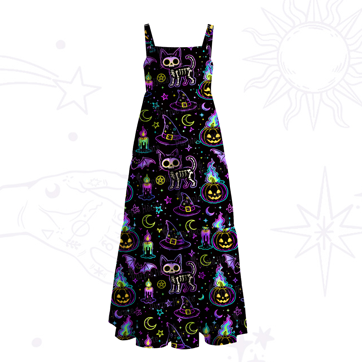 Purplehecate Neon Halloween Skeleton Cat Wide Straps Maxi Dress
