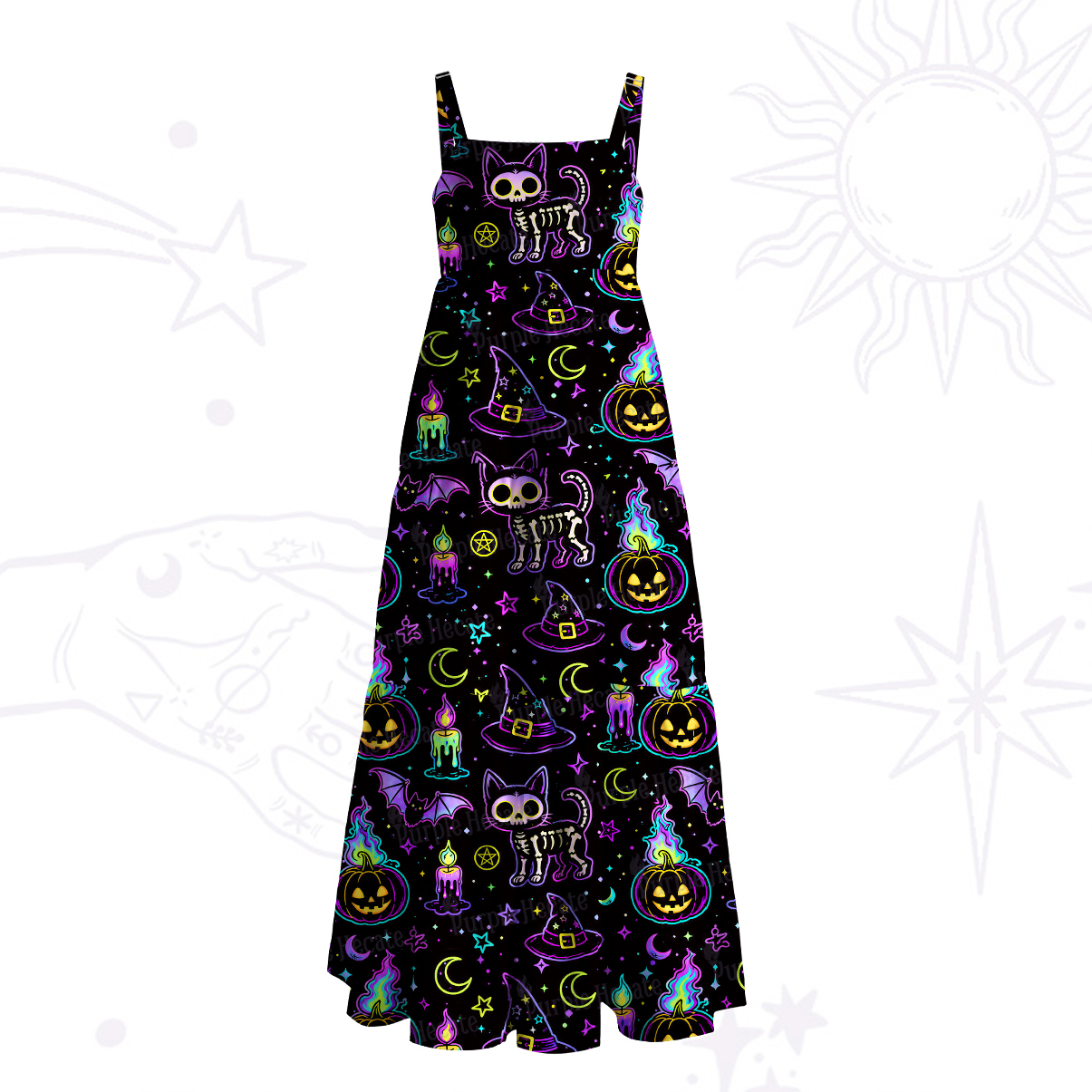 Purplehecate Neon Halloween Skeleton Cat Wide Straps Maxi Dress