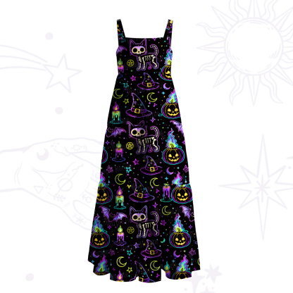 Purplehecate Neon Halloween Skeleton Cat Wide Straps Maxi Dress