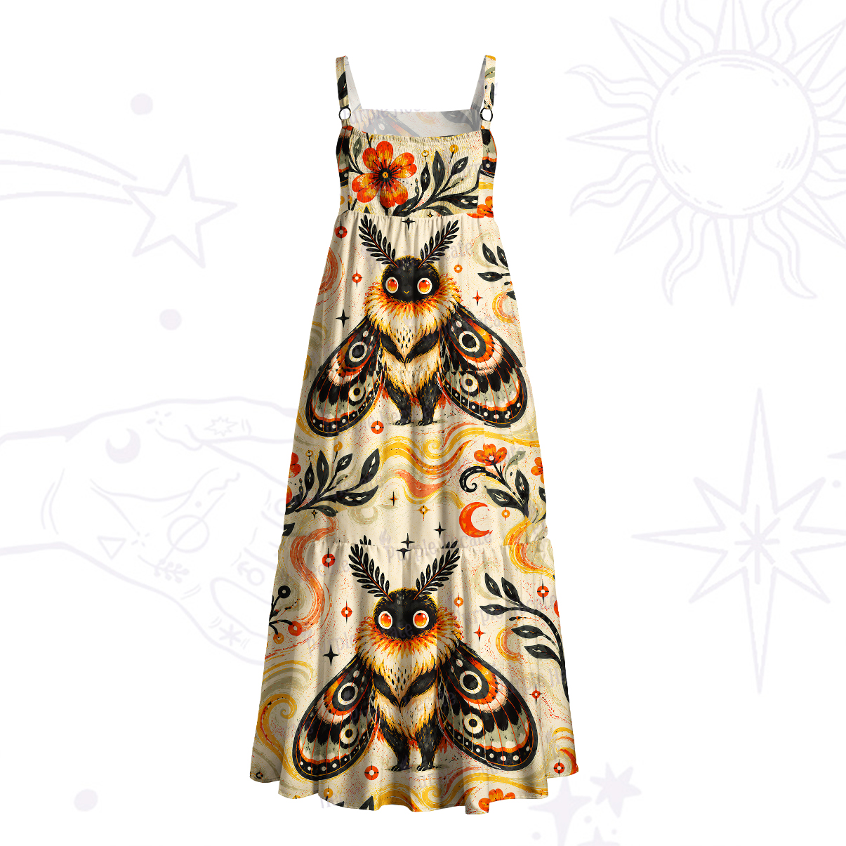 Purplehecate Autumn Moon Moth Guardian Graphic Wide Straps Maxi Dress