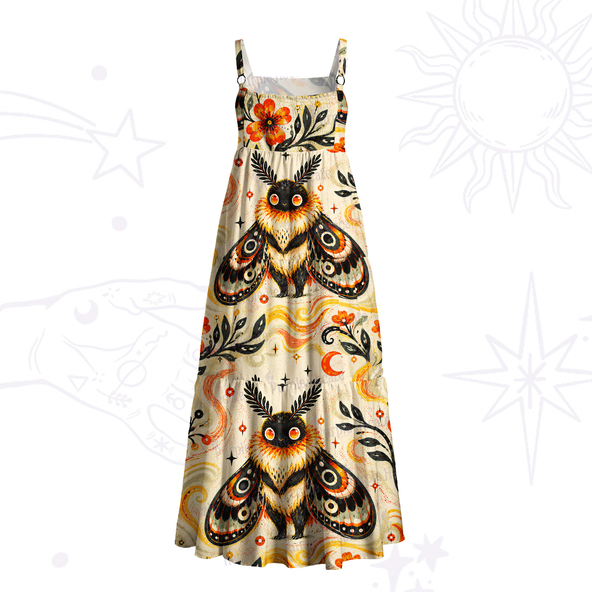 Purplehecate Autumn Moon Moth Guardian Graphic Wide Straps Maxi Dress