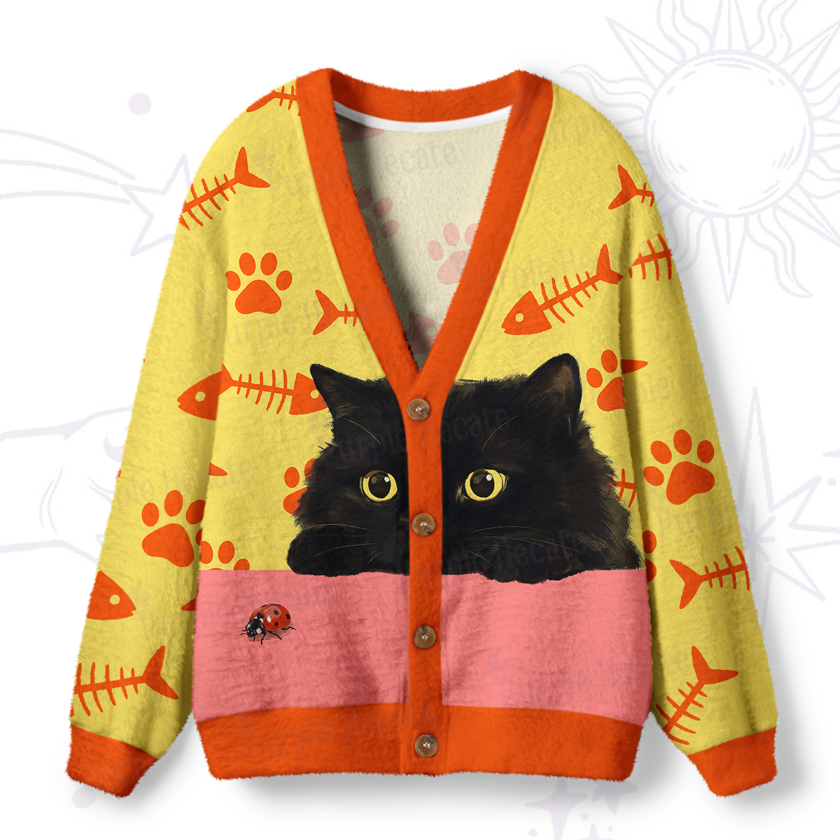 Purplehecate Peekaboo Fishbone Black Cat Ugly Cardigan Sweaters
